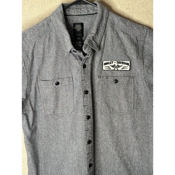 Harley-Davidson Black Label Gray Stripe Short Sleeve Button-Up Shirt Mens Med - Picture 2 of 15